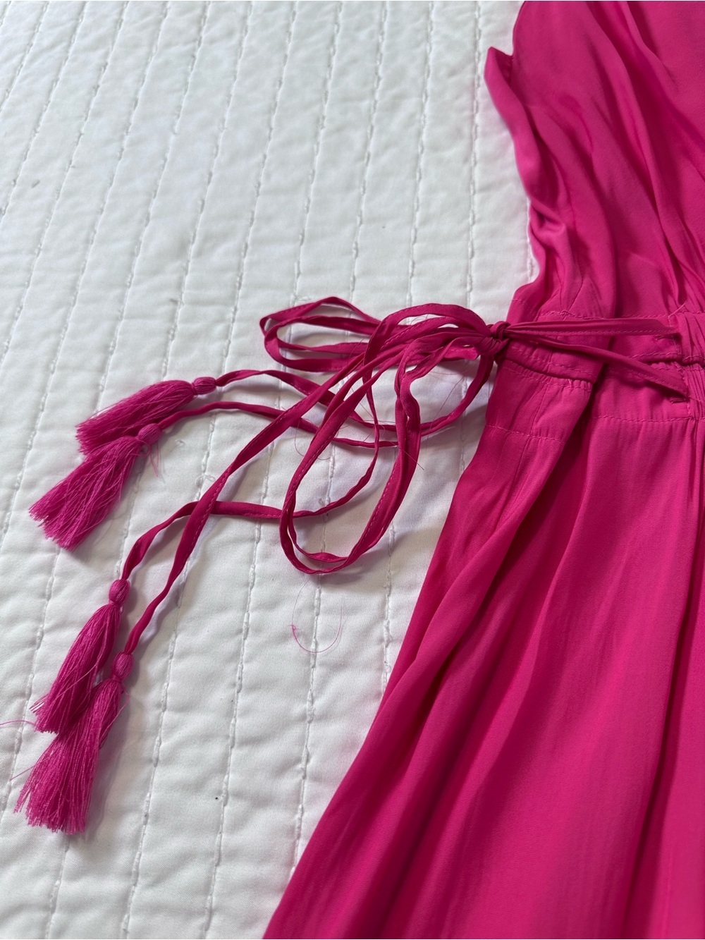 Tahari Hot Pink Summery Sleeveless V-Neck Midi Dress with Elastic Tassel Waist - Picture 9 of 13
